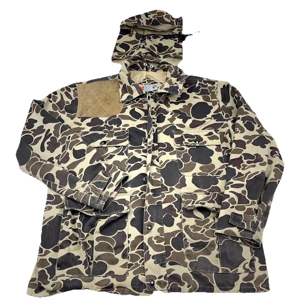 Vintage Bubble Camo Jacket Men Medium Shooting Barn Chore Hunting 80s 90s Hooded